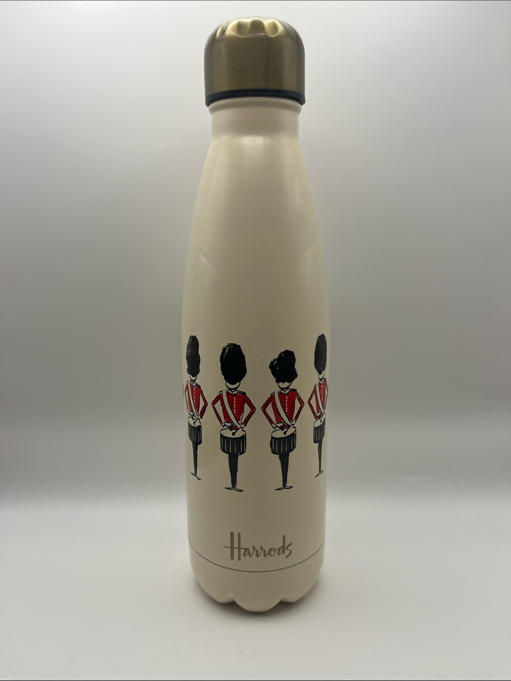 Harrods Ivory Metal Water Bottle with Royal Guards Graphic and Gold Cap